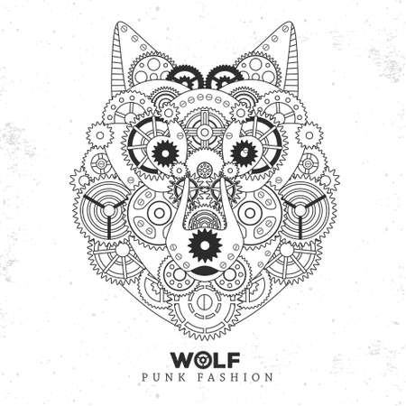 Wolf face silhouette with gears. punk style. vector illustrationのイラスト素材
