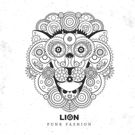 Lion face silhouette with gears. punk style. vector illustrationのイラスト素材