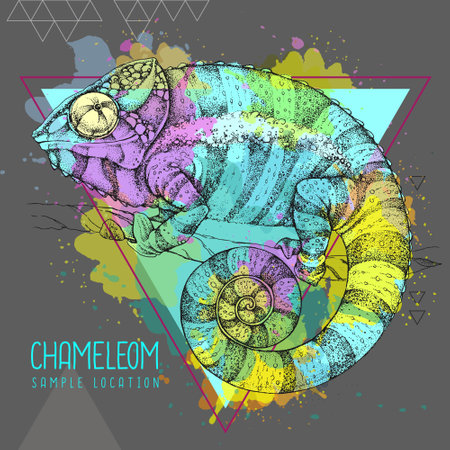 Hand drawing chameleon illustration on watercolor background. graphic art. vector illustrationのイラスト素材