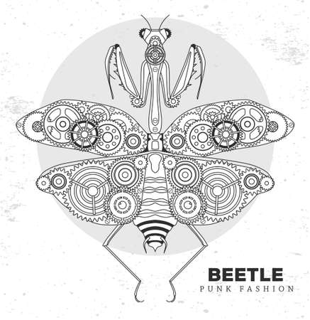 Praying mantis silhouette with gears. punk style. Beetle vector illustrationのイラスト素材
