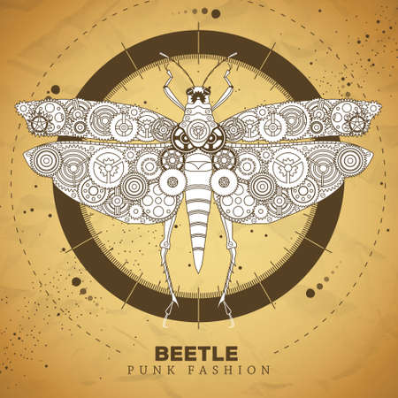 Grasshopper silhouette with gears on old paper texture background. punk style. vector illustrationのイラスト素材