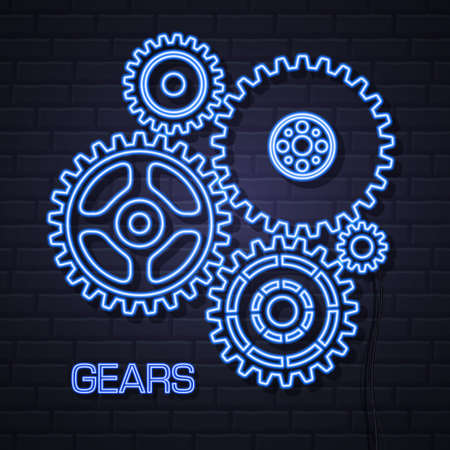Group of neon gears on dark brick background. Neon Cog icon design. vector illustrationのイラスト素材