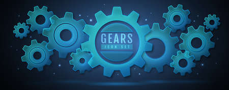 Group of glass blue neon gears on dark background. Cog icon design. vector illustrationのイラスト素材