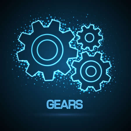Group of neon gears on dark blue background. Neon Cog icon design. vector illustrationのイラスト素材