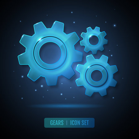 Group of glass blue neon gears on dark background. Cog icon design. vector illustrationのイラスト素材