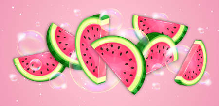 Watermelon slices with soap bubbles on pink background. Vector watermelon illustrationのイラスト素材