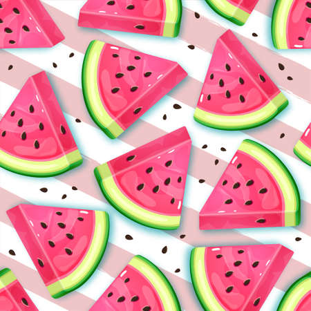 Seamless pattern with watermelon slices on striped background. vector illustration. watermelon summer backgroundのイラスト素材
