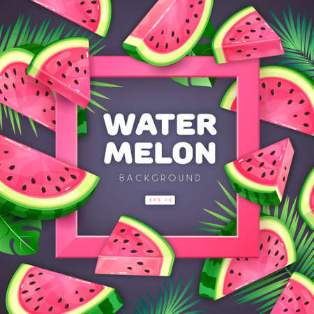 Watermelon slices with tropical leaves on dark background. Vector watermelon illustrationのイラスト素材