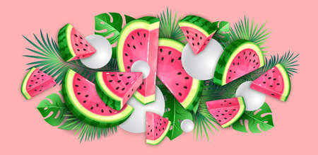 Watermelon slices with tropical leaves on pink background. Vector watermelon illustrationのイラスト素材