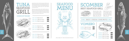 Seafood restaurant menu design with hand drawing fish. vector illustrationのイラスト素材
