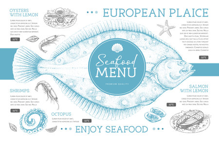 Seafood restaurant menu design with hand drawing fish. vector illustrationのイラスト素材