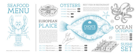 Seafood restaurant menu design with hand drawing fish. vector illustrationのイラスト素材