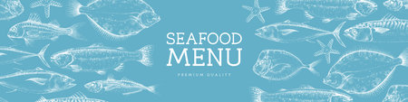 Seafood menu cover design with different kinds of fish. vector illustrationのイラスト素材