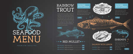 Chalk drawing seafood restaurant menu design with hand drawing fish. vector illustrationのイラスト素材