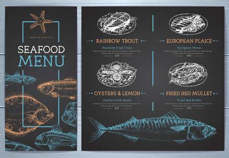 Chalk drawing seafood restaurant menu design with hand drawing fish. vector illustrationのイラスト素材