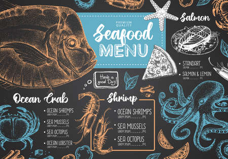 Chalk drawing seafood restaurant menu design with hand drawing fish. vector illustrationのイラスト素材