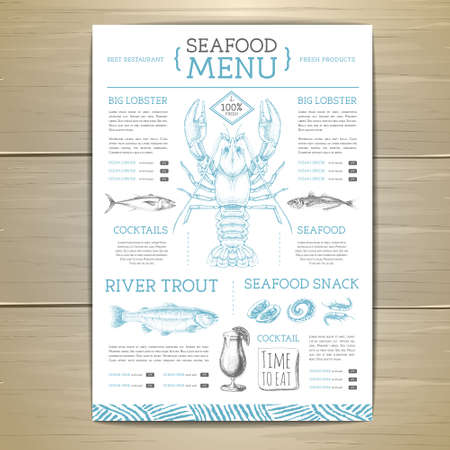 Seafood restaurant menu design with hand drawing fish. vector illustrationのイラスト素材