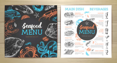 Chalk drawing seafood restaurant menu design with hand drawing fish. vector illustrationのイラスト素材