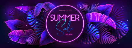 Summer big sale typography poster with fluorescent tropical leaves. nature concept. summer background. vector illustrationのイラスト素材