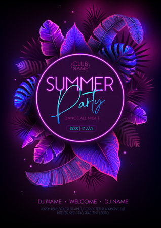 Summer party typography poster with fluorescent tropical leaves. nature concept. summer background. vector illustrationのイラスト素材