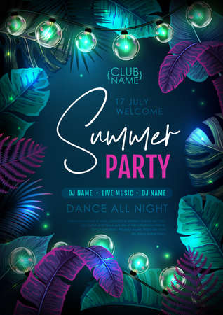 Summer party poster with fluorescent tropical leaves and modern electric lamps. nature concept. summer background. vector illustrationのイラスト素材