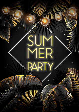 Summer party poster with black and gold tropic leaves and modern electric lamps. nature concept. summer background. vector illustrationのイラスト素材