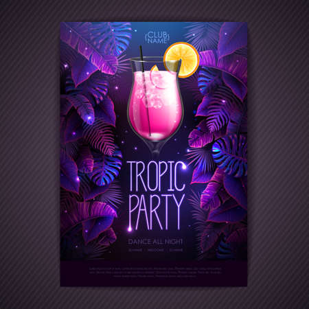Summer tropic cocktail party poster with fluorescent tropic leaves. nature concept. summer background. vector illustrationのイラスト素材