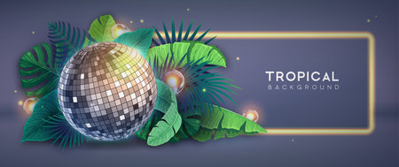 Disco ball illustration with tropical leaves. nature concept. summer party poster. vector illustrationのイラスト素材