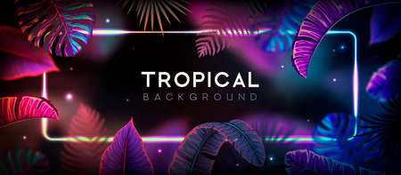 Summer background with neon frame and fluorescent tropical leaves. nature concept. vector illustrationのイラスト素材