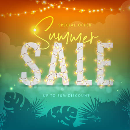 Summer big sale poster with tropical leaves and string of lights. summer party background. vector illustrationのイラスト素材