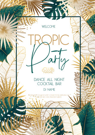 Summer disco party poster with green and golden tropical leaves. summer background. vector illustrationのイラスト素材