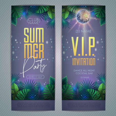 Summer tropic disco party poster with tropic leaves and disco ball. Invitation design. summer background. vector illustrationのイラスト素材