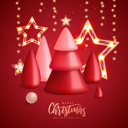 Christmas holiday background with realistic 3D plastic Christmas trees. Merry Christmas and Happy New Year greeting card. vector illustrationのイラスト素材