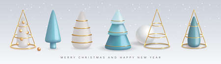Set of 3D realistic plastic Christmas trees. Merry Christmas and Happy New Year greeting card. vector illustrationのイラスト素材