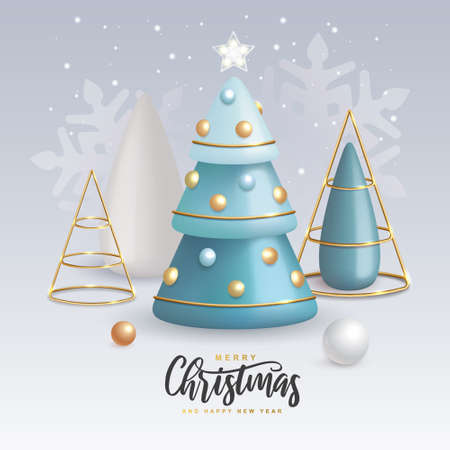 Christmas holiday background with realistic 3D plastic Christmas trees. Merry Christmas and Happy New Year greeting card. vector illustrationのイラスト素材