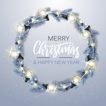 Christmas holiday wreath with modern electric lamps. Christmas decoration with light garland. vector illustrationのイラスト素材