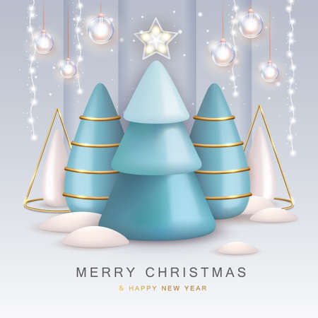 Christmas holiday background with realistic 3D plastic Christmas trees. Merry Christmas and Happy New Year greeting card. vector illustrationのイラスト素材