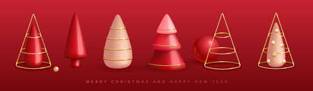 Set of 3D realistic plastic Christmas trees. Merry Christmas and Happy New Year greeting card. vector illustrationのイラスト素材
