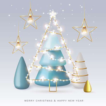Christmas holiday background with realistic 3D plastic Christmas trees. Merry Christmas and Happy New Year greeting card. vector illustrationのイラスト素材