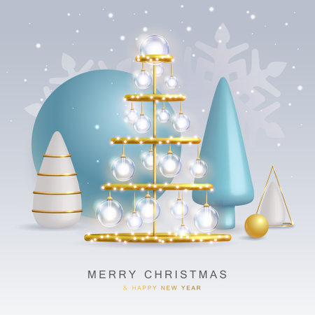 Christmas holiday background with realistic 3D plastic Christmas trees. Merry Christmas and Happy New Year greeting card. vector illustrationのイラスト素材