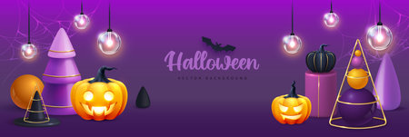 Halloween holiday background with realistic 3D halloween pumpkins. vector illustrationのイラスト素材