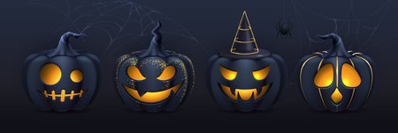 Set of 3D realistic scary and funny halloween pumpkin faces. Halloween background. vector illustrationのイラスト素材