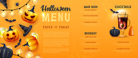 Halloween holiday menu design with realistic 3D halloween pumpkins and cocktails. vector illustrationのイラスト素材
