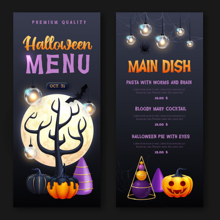 Halloween holiday menu design with realistic 3D halloween pumpkins and full moon. vector illustrationのイラスト素材