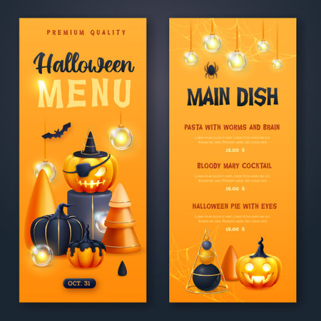 Halloween holiday menu design with realistic 3D halloween pumpkins. vector illustrationのイラスト素材