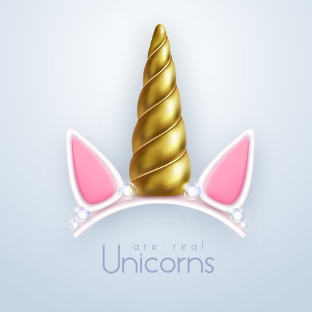 3D realistic golden unicorn horn isolated on white background. Children's head decoration. vector illustrationのイラスト素材