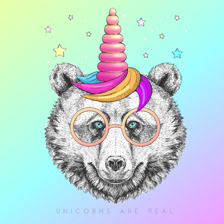 Handrawing animal bear wearing cute glasses with unicorn horn. T-shirt graphic print. vector illustrationのイラスト素材