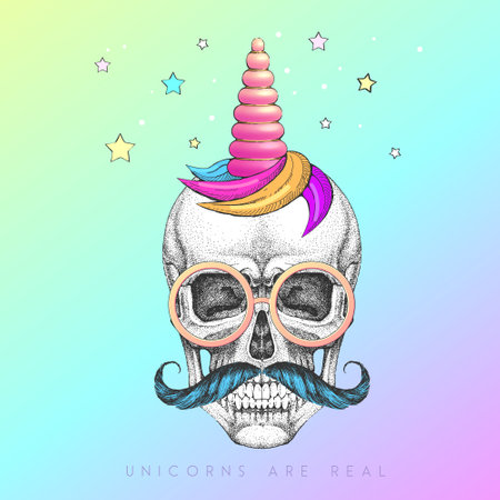 Handdrawing human skull wearing cute glasses with unicorn horn. T-shirt graphic print. vector illustrationのイラスト素材