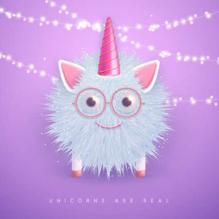 3D realistic fluffy unicorn with pink horn isolated on violet background. vector illustrationのイラスト素材