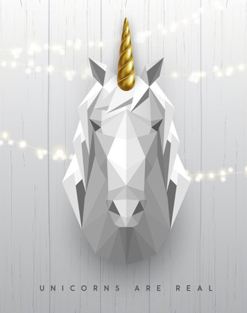 3D polygon paper unicorn head with golden horn on white background. vector illustrationのイラスト素材